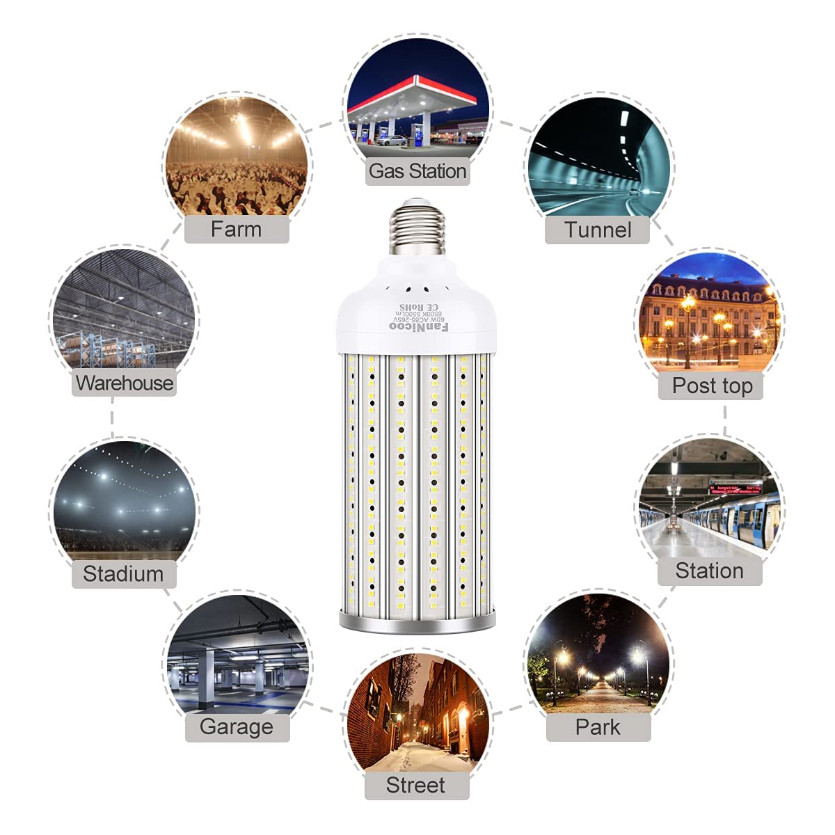 2 Pack 500W Equivalent LED Corn Light Bulb 5500 Lumen 6500K 60W Large Area Cool Daylight White E26/E27 Medium Base for Outdoor Indoor Garage Warehouse Factory Workshop Street Backyard