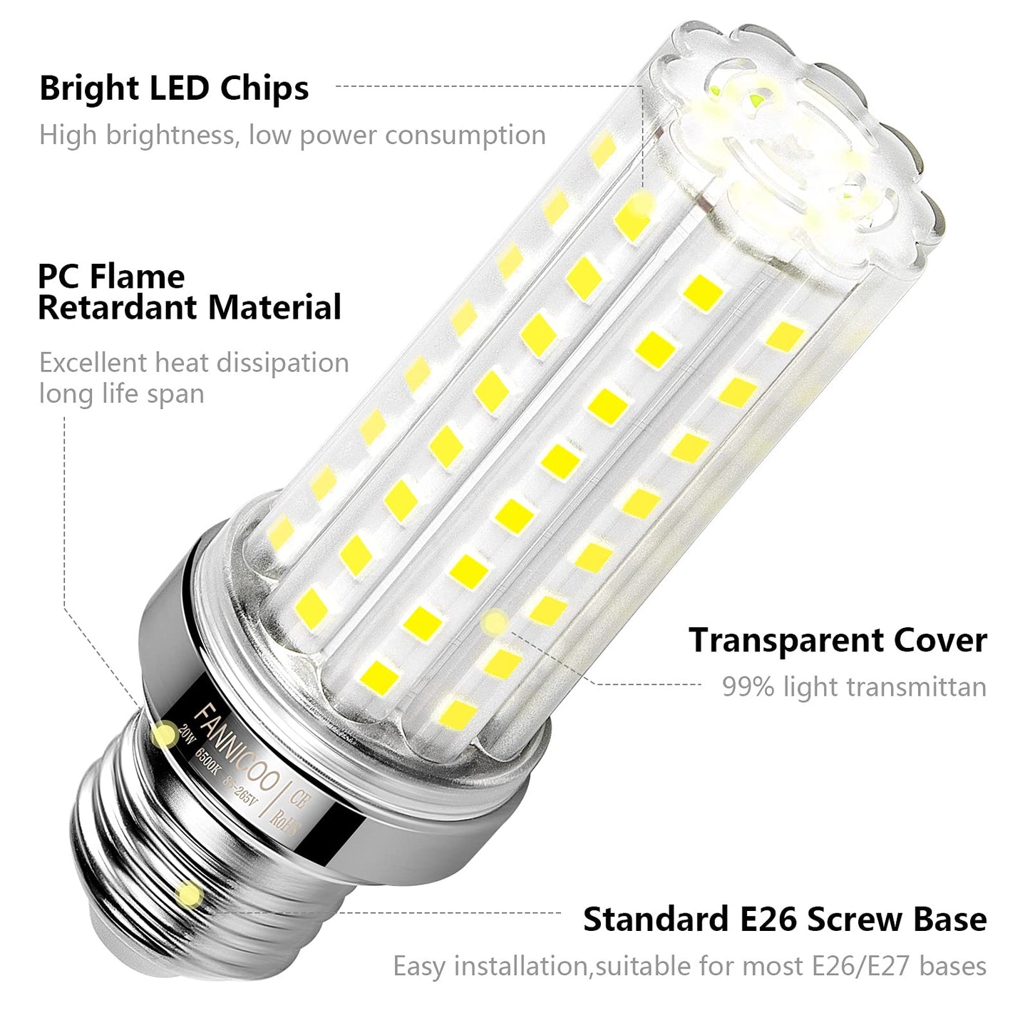 LED Corn Light Bulb 150W Equivalent 2000 Lumen 6500K Cool Daylight White 20W E26/E27 Base Non-dimmable Ceiling Fan Corn Lighting for Home Garage Warehouse Indoor LED Corn Bulbs Pack of 4