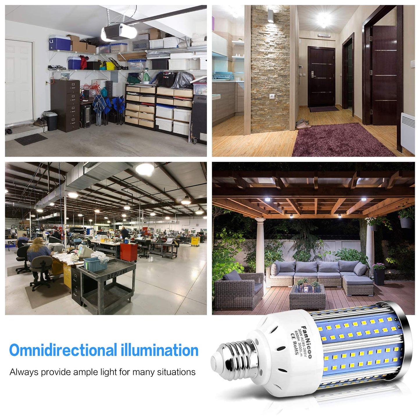 2-Pack 200W Equivalent LED Corn Light Bulb 3000 Lumen 6500K Cool White Daylight 30W LED Corn Lamp E26/E27 Medium Base for Indoor Outdoor Warehouse Garage Basement Backyard Factory Barn and Many Areas