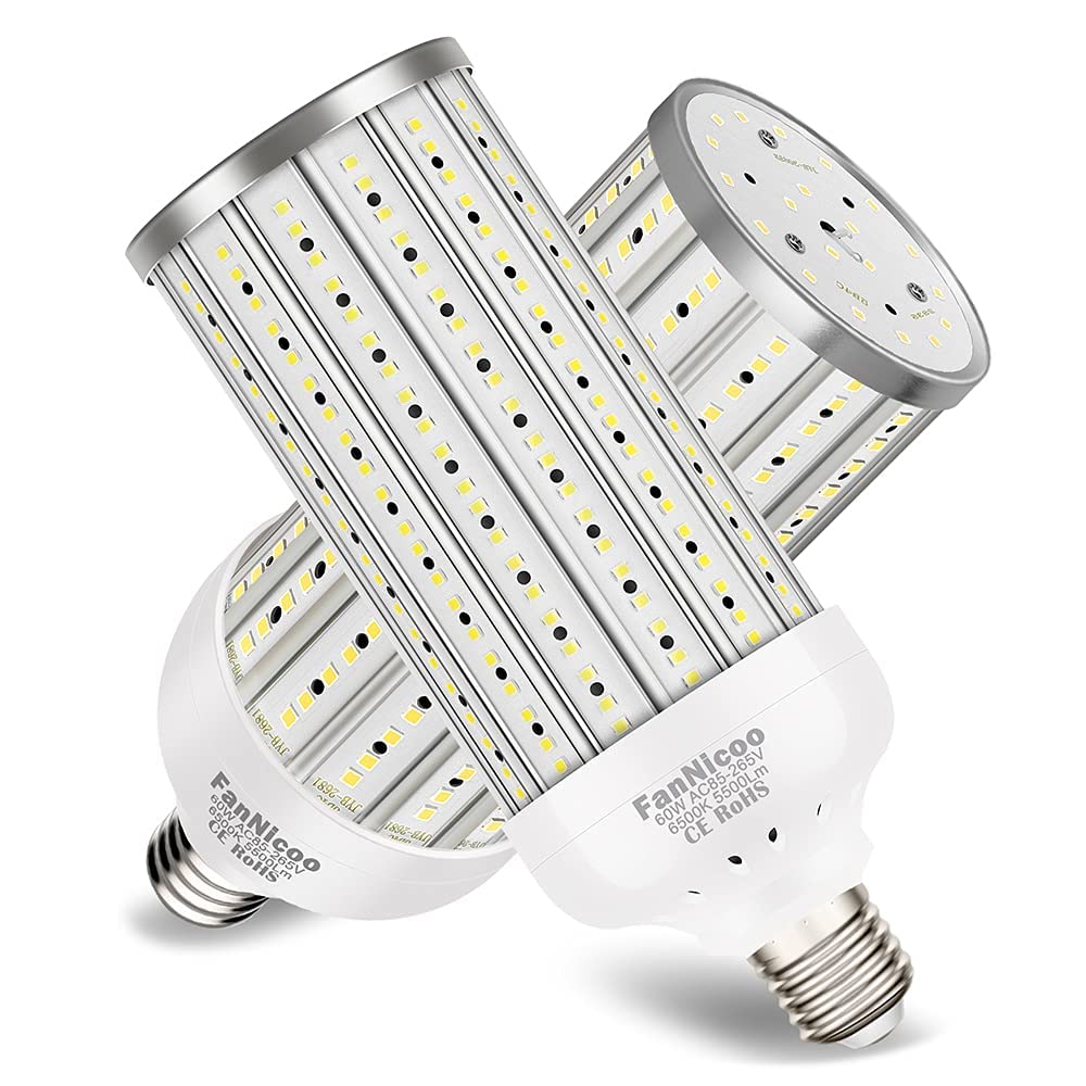 2 Pack 500W Equivalent LED Corn Light Bulb 5500 Lumen 6500K 60W Large Area Cool Daylight White E26/E27 Medium Base for Outdoor Indoor Garage Warehouse Factory Workshop Street Backyard