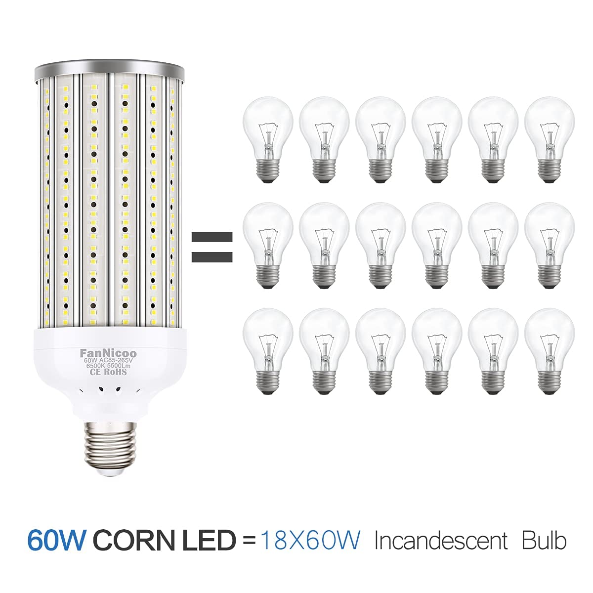2 Pack 500W Equivalent LED Corn Light Bulb 5500 Lumen 6500K 60W Large Area Cool Daylight White E26/E27 Medium Base for Outdoor Indoor Garage Warehouse Factory Workshop Street Backyard