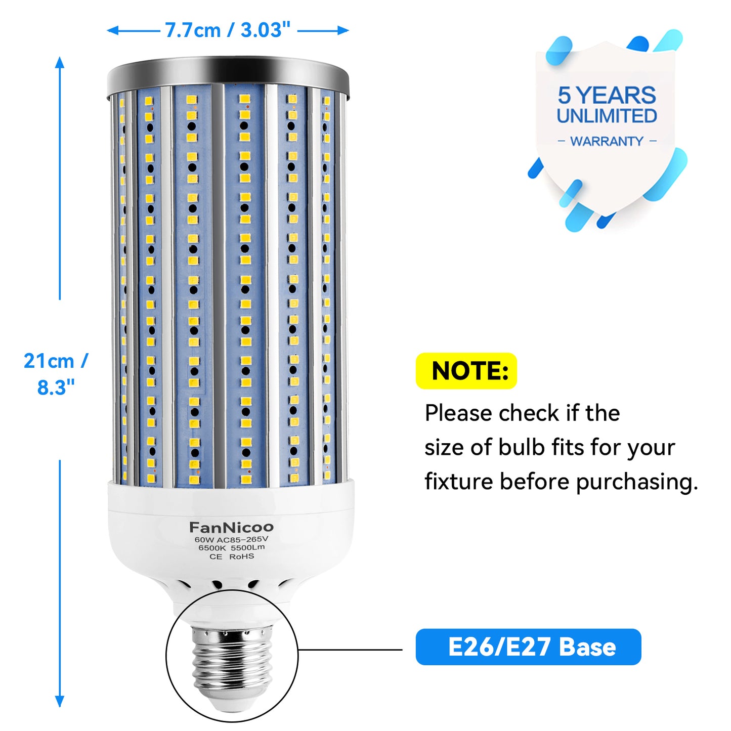 2 Pack 500W Equivalent LED Corn Light Bulb 5500 Lumen 6500K 60W Large Area Cool Daylight White E26/E27 Medium Base for Outdoor Indoor Garage Warehouse Factory Workshop Street Backyard